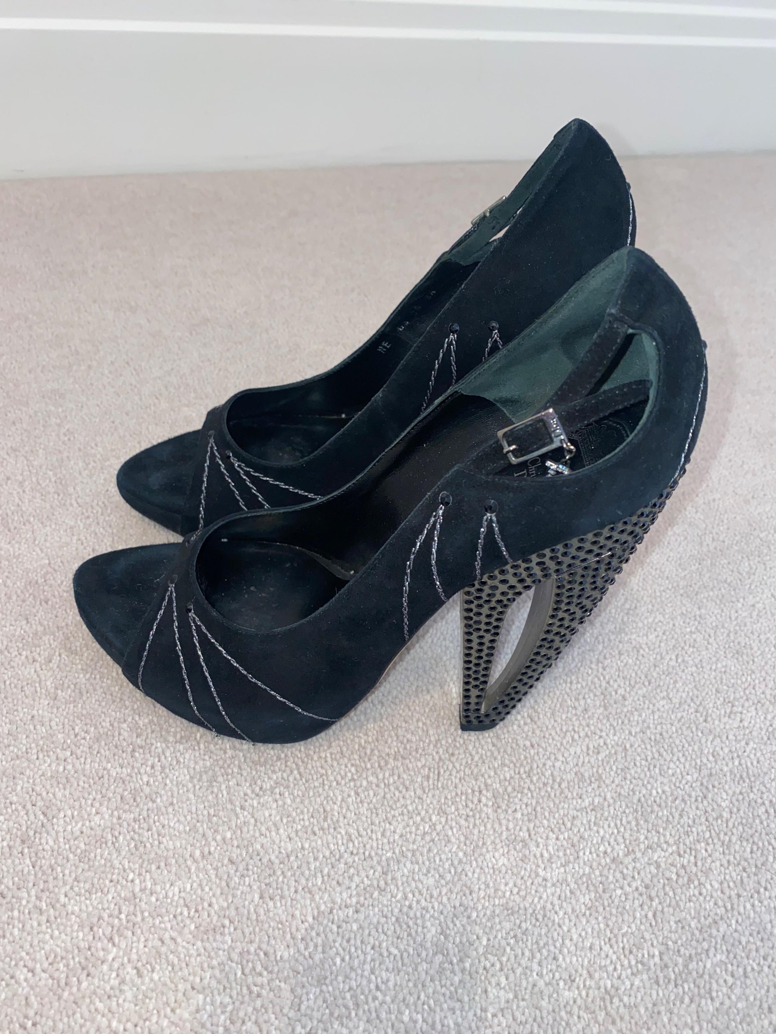 Vintage black suede & crystal cut-out heeled pumps