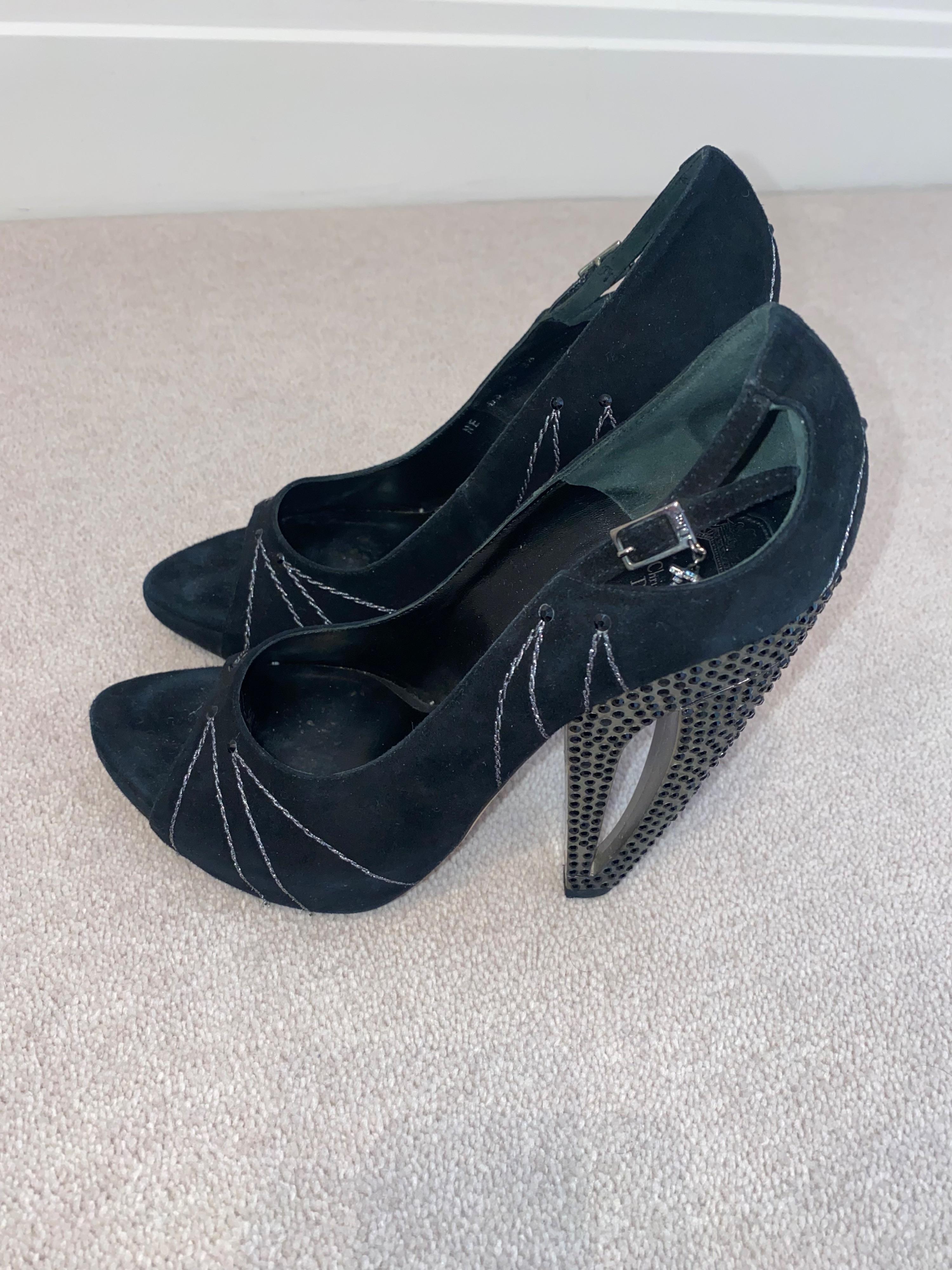 Vintage black suede & crystal cut-out heeled pumps
