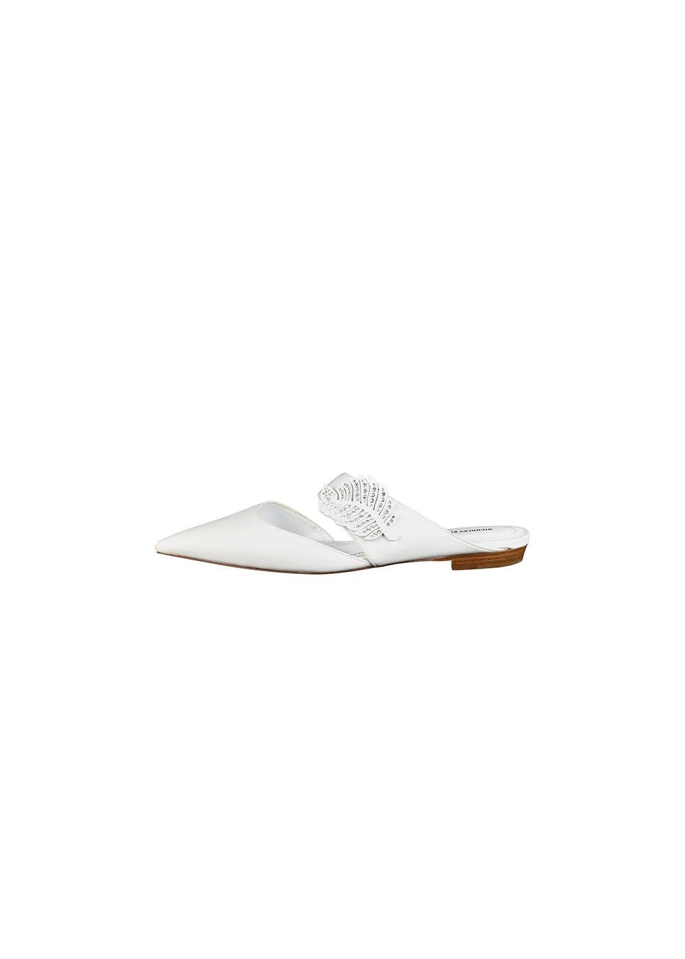 White leather & crystal Monstera flat mules