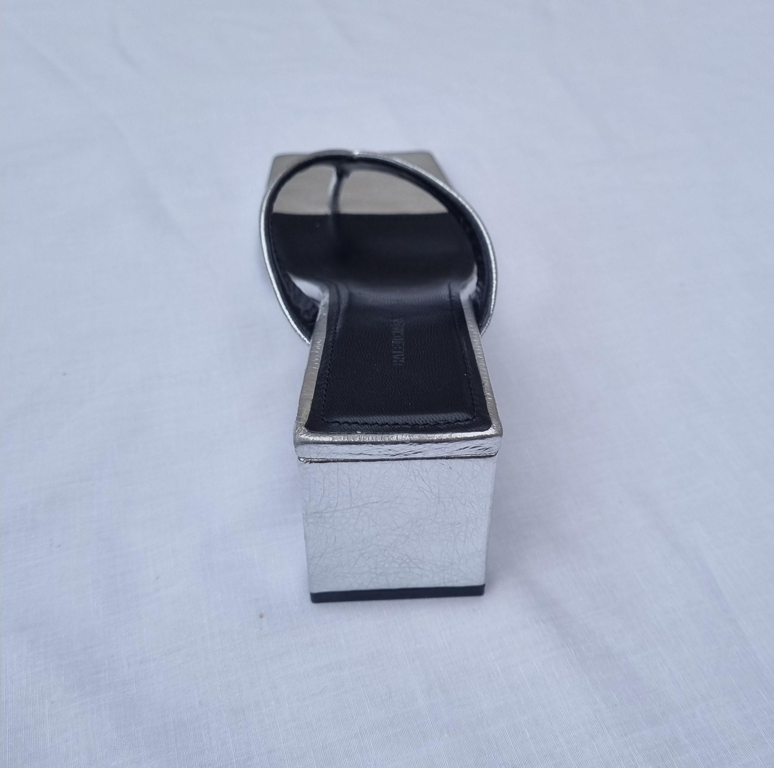Metallic Silver Leather Square Toe Thong Heeled Sandals