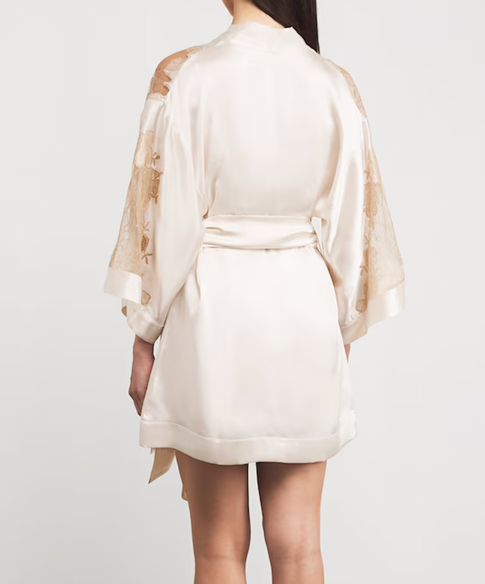 Carine Gilson Silk Lace-Trim Short Kimono Robe