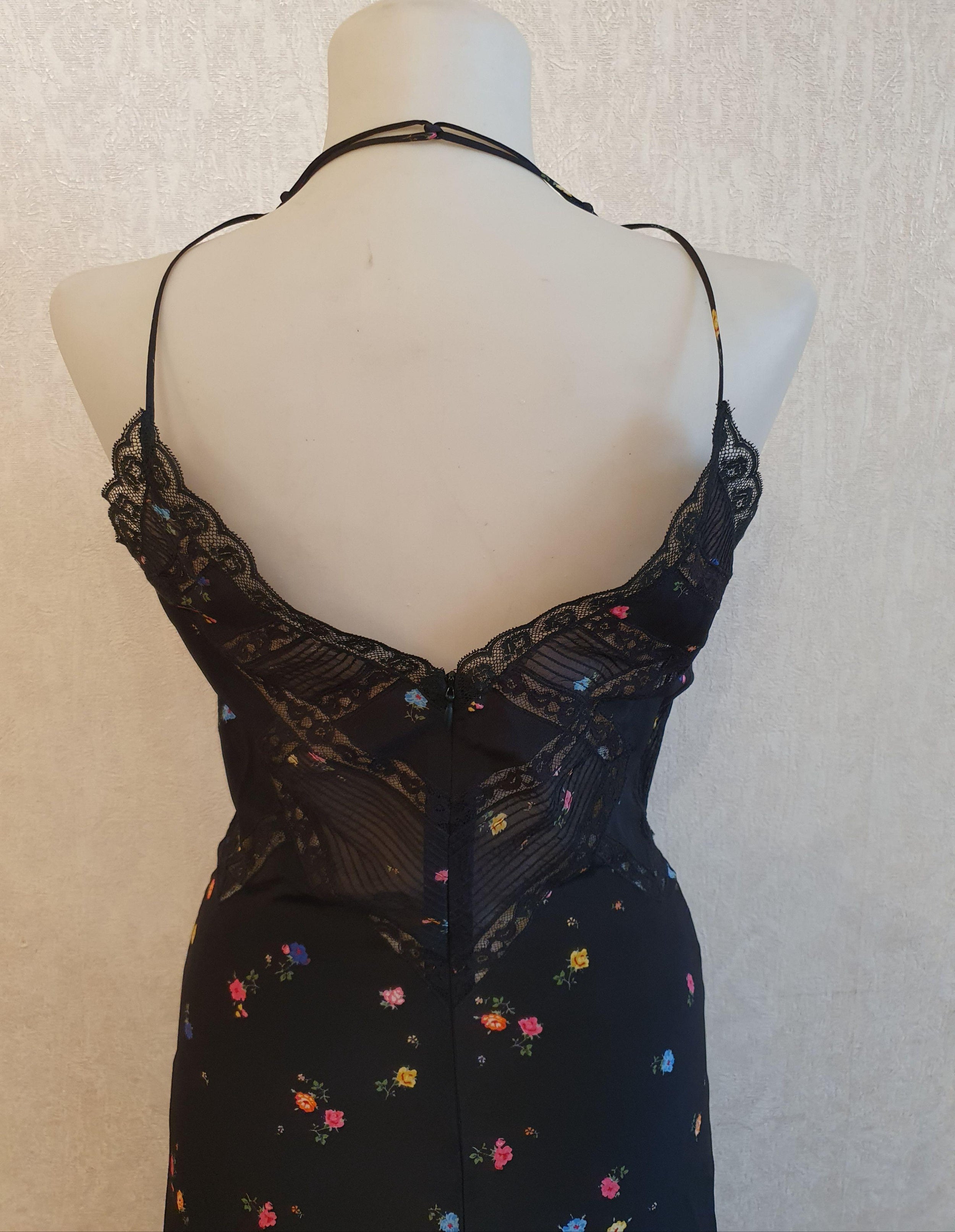 Black floral silk crepe & lace slip dress