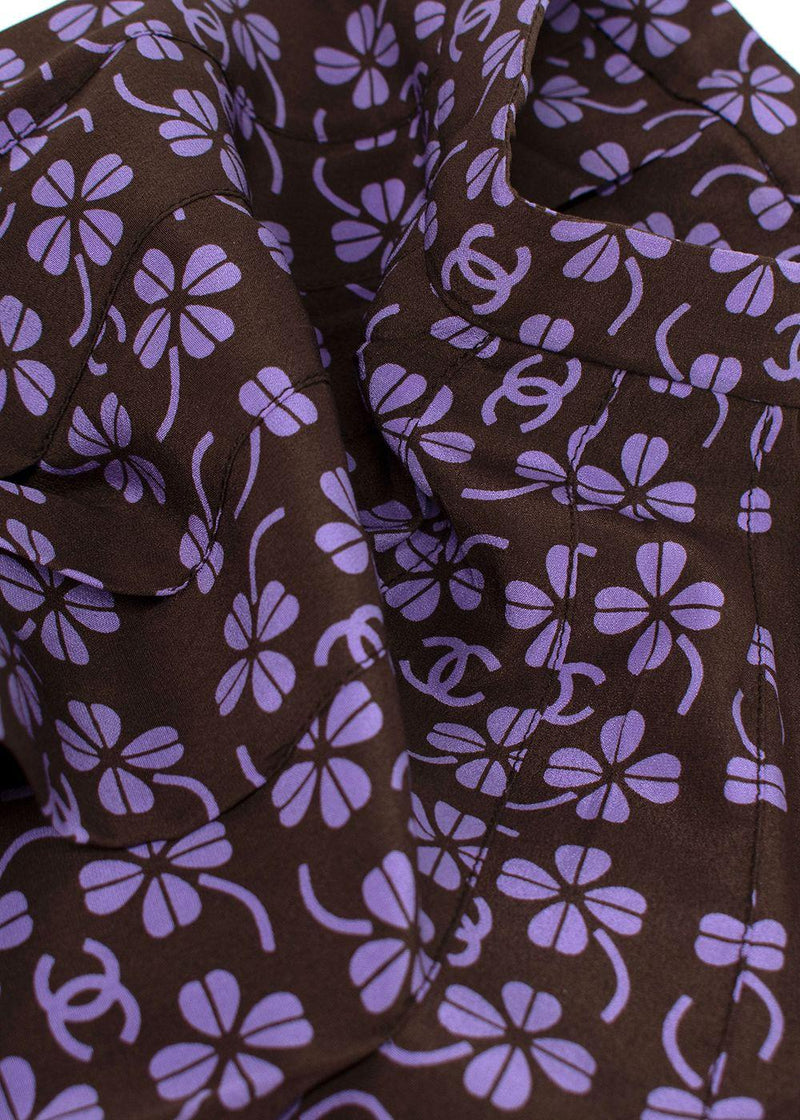 Purple & Black Clover Print Pleated Silk Skirt
