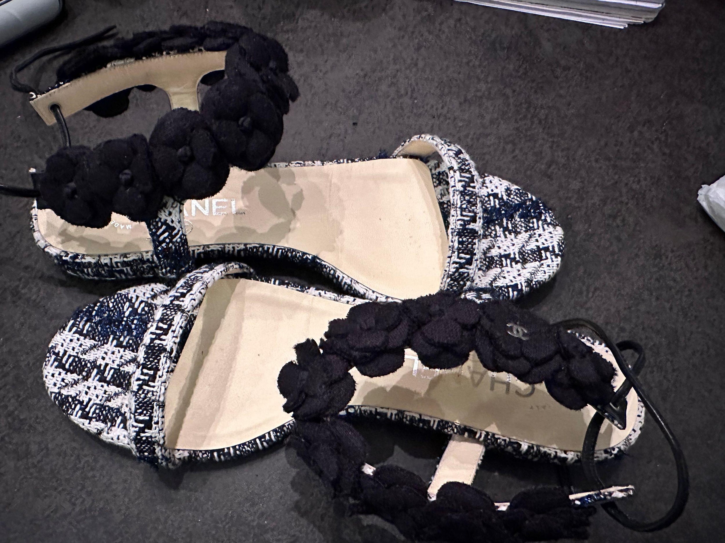 Chanel Black and White Tweed Camellia Embellished Sandals