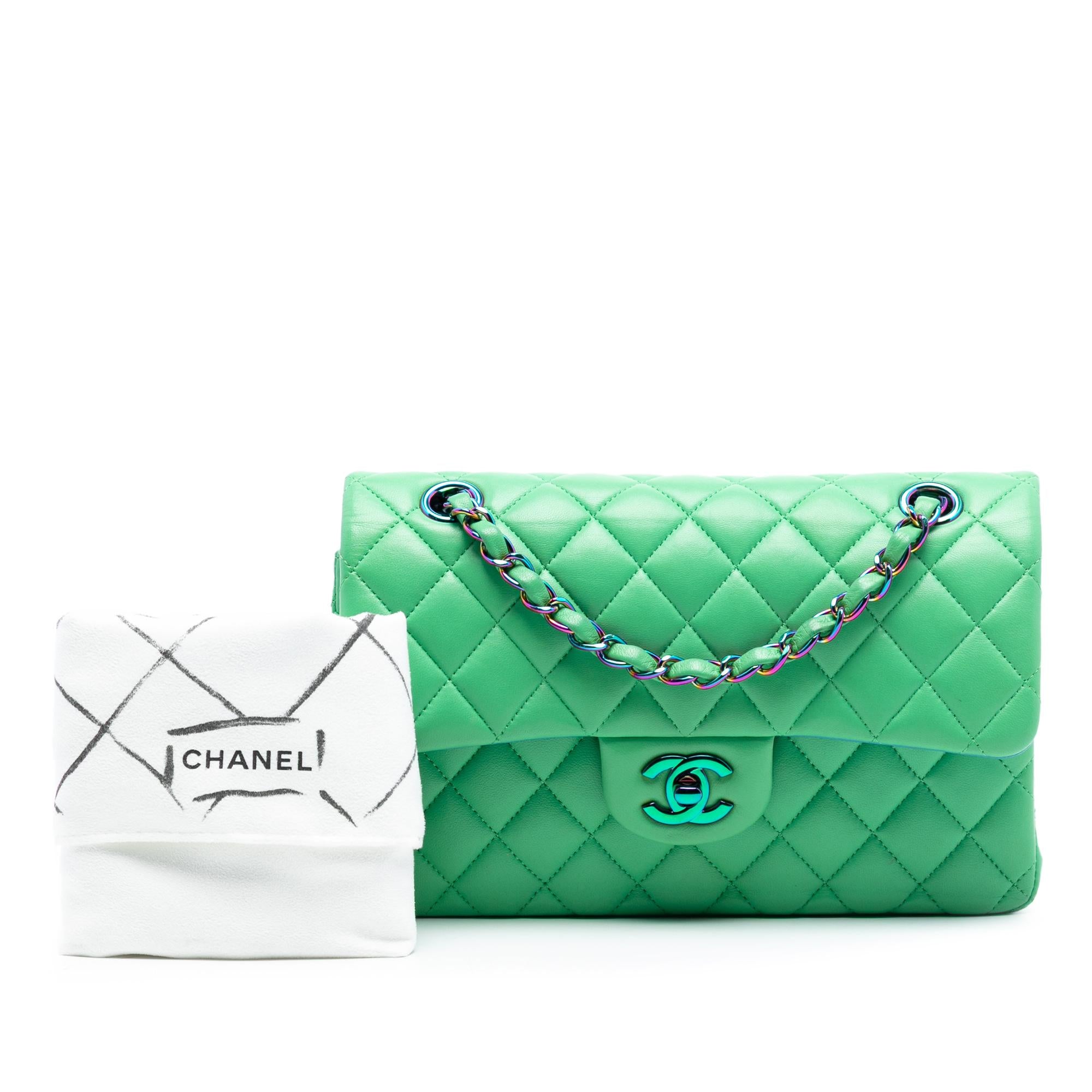 Chanel Green Small Classic Lambskin Rainbow Hardware Double Flap