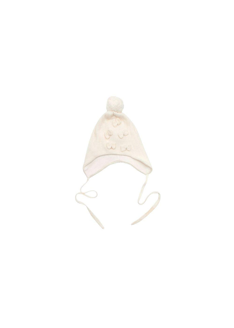 White Wool Knit Beanie with a Pom Pom and Bows