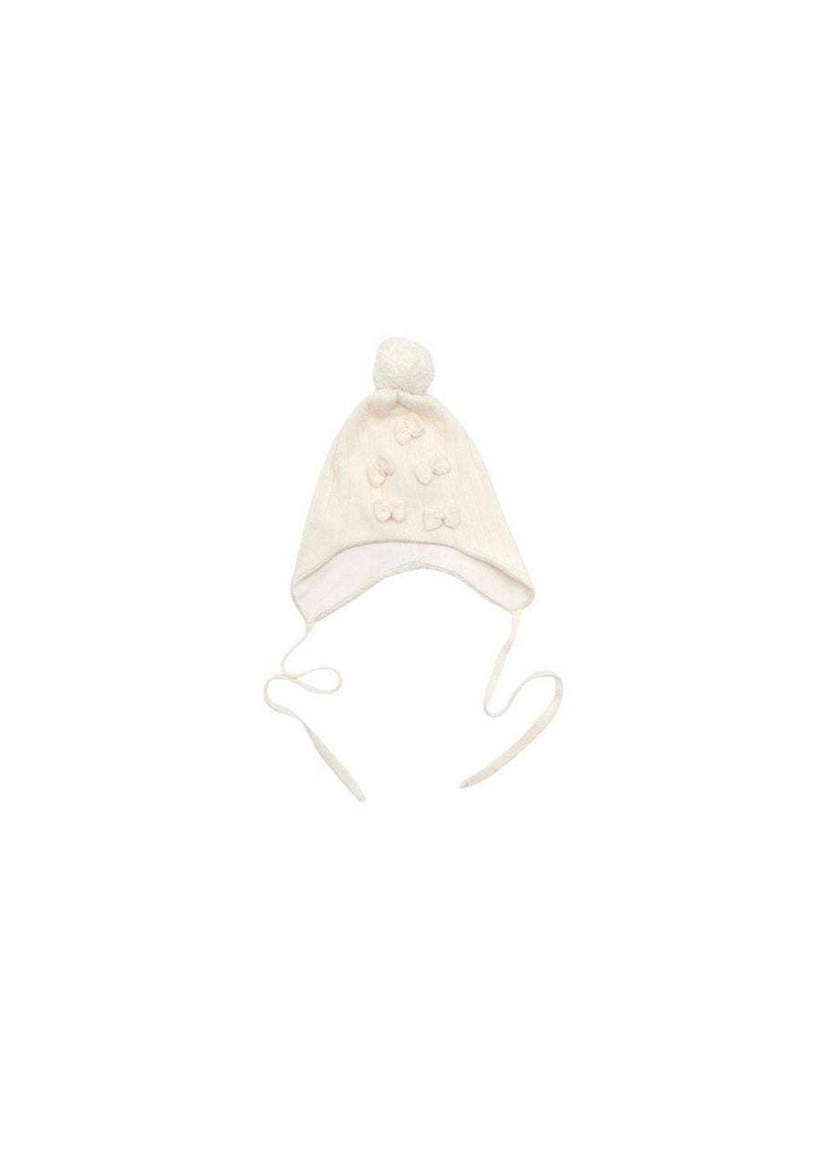 White Wool Knit Beanie with a Pom Pom and Bows