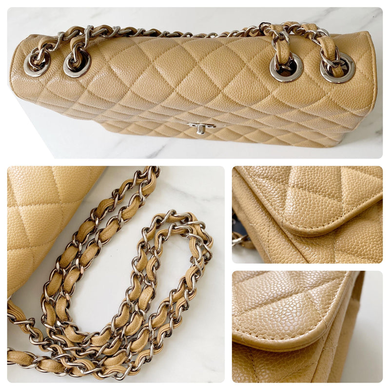 Chanel Beige Caviar Leather Quilted Jumbo Flap Bag