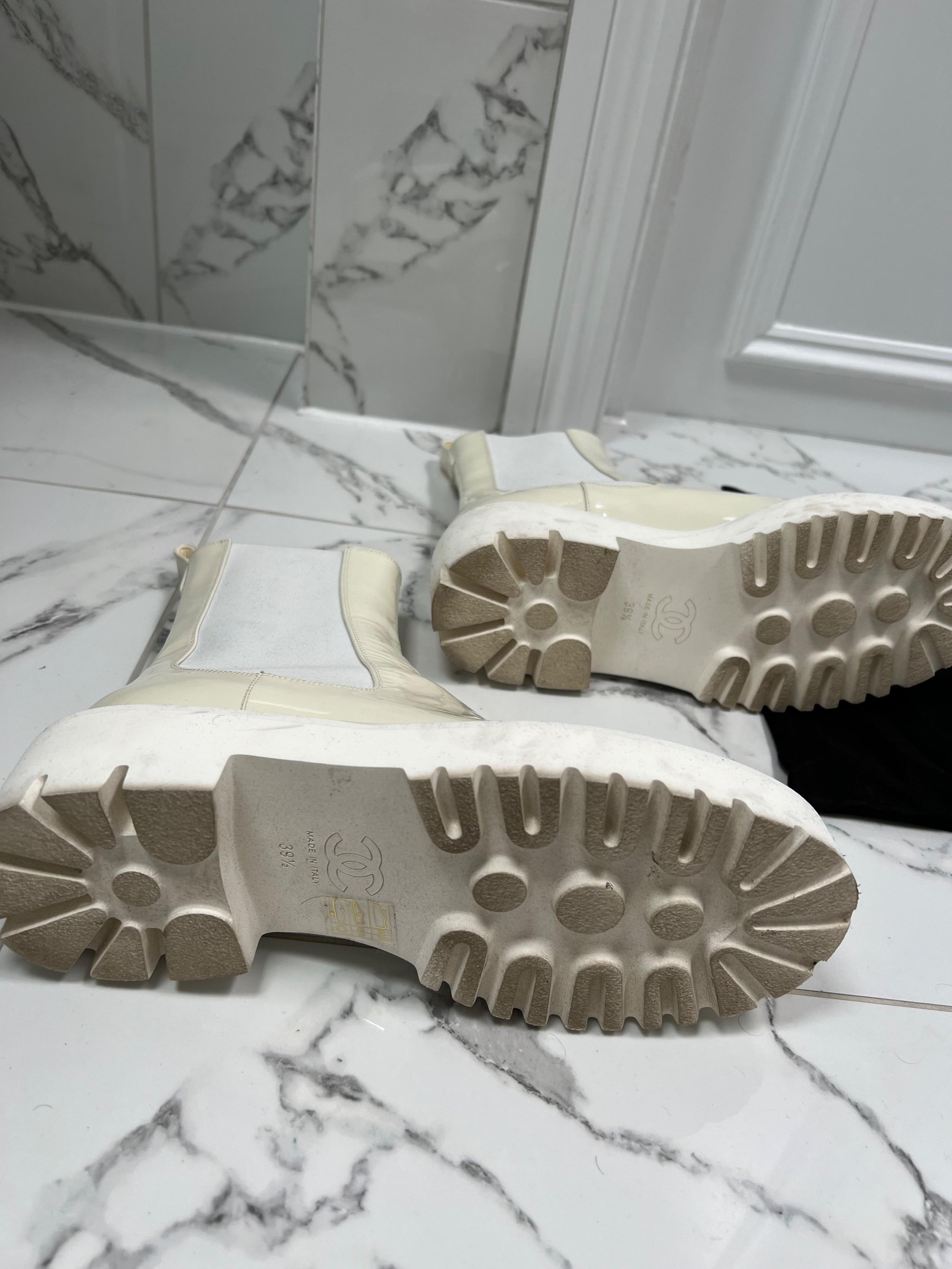 White Patent Leather CC Chunky Boots