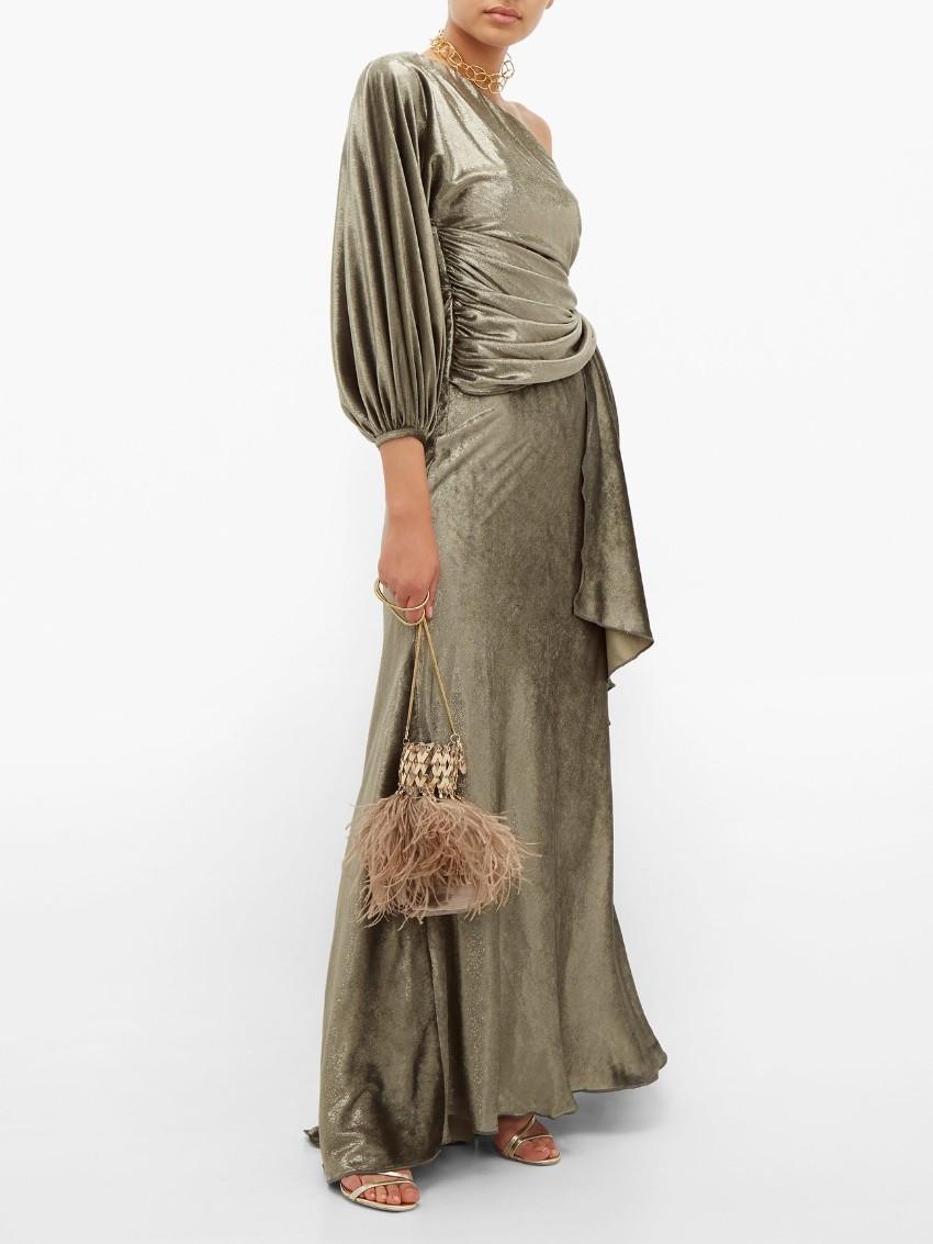 Maria Lucia Hohan Amaris Khaki Lurex Velvet One Shoulder Gown
