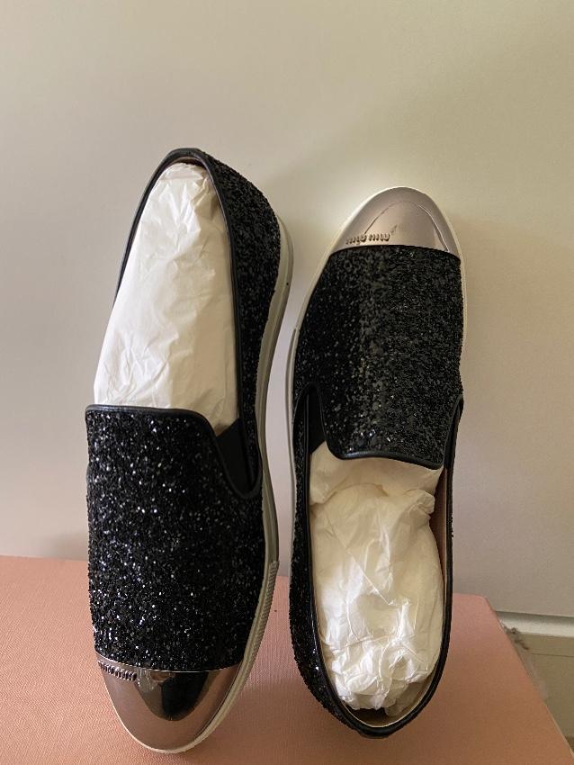 Miu Miu Black Glitter Slip-On Sneakers
