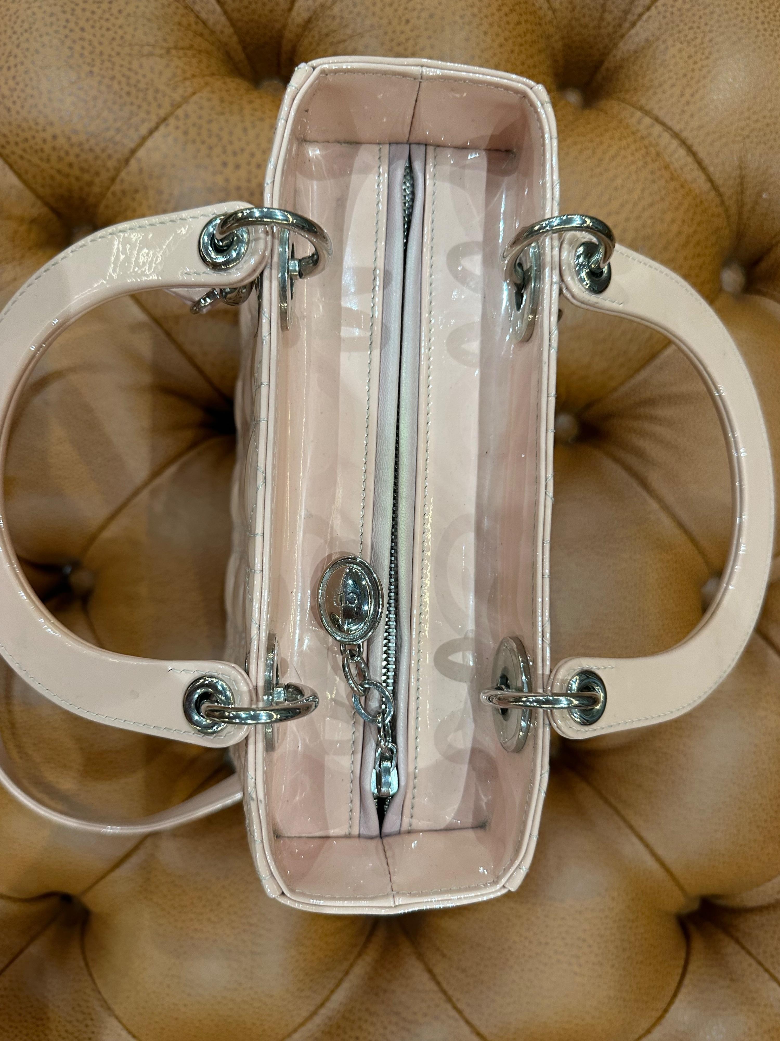 Dior Pink Patent Leather Medium Lady Dior with Silver Hardware