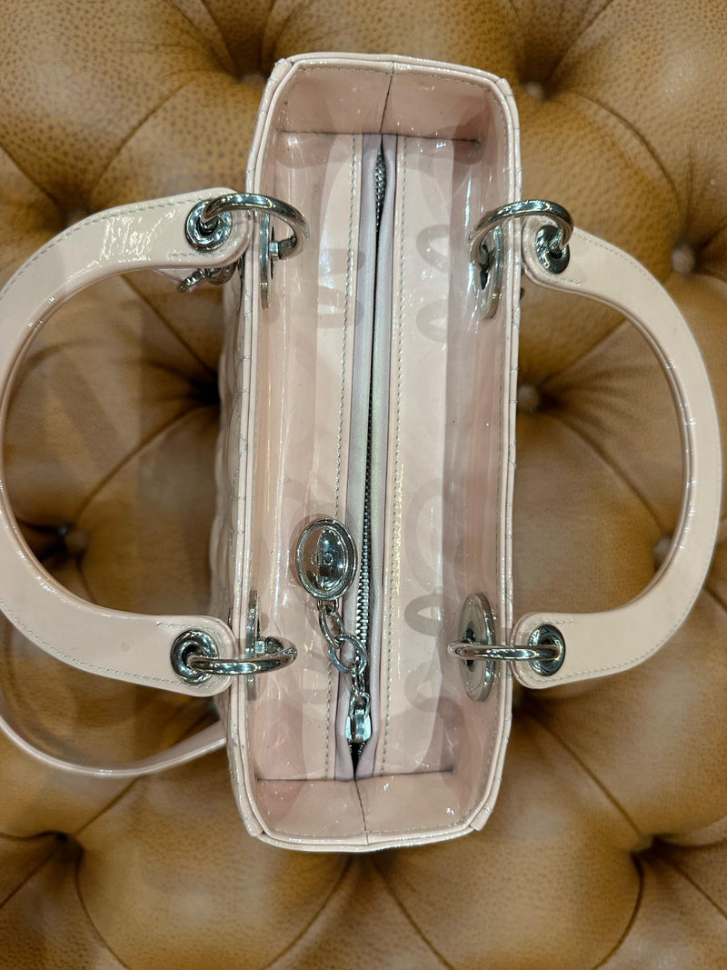 Dior Pink Patent Leather Medium Lady Dior with Silver Hardware
