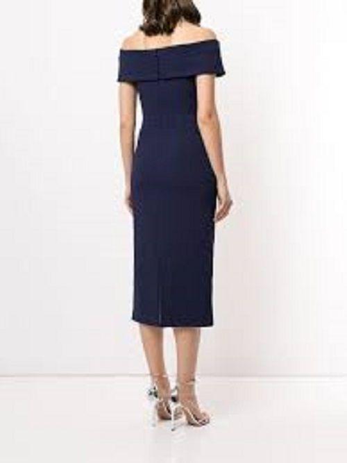 Rebecca Valance Navy Amore Bardot Midi Dress
