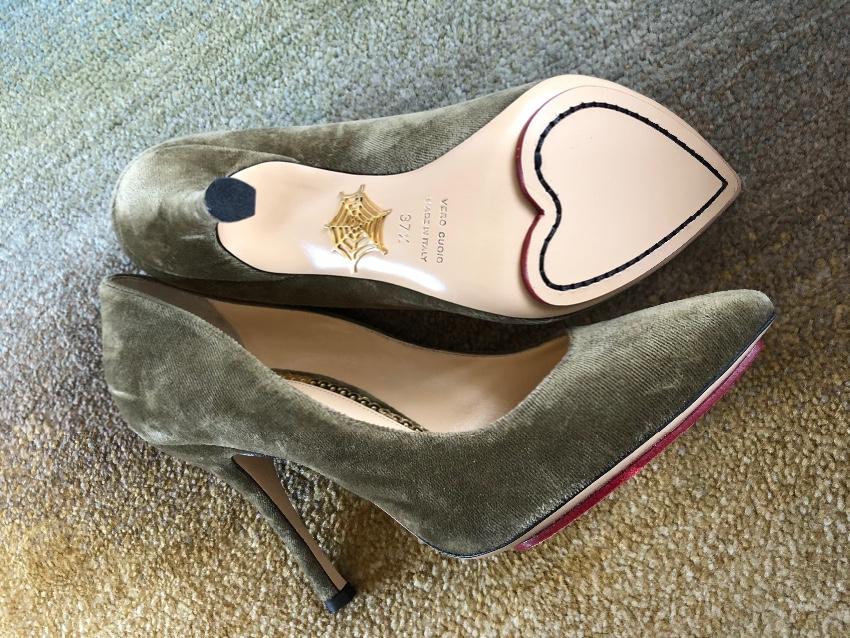 Charlotte Olympia Khaki Velvet Pumps