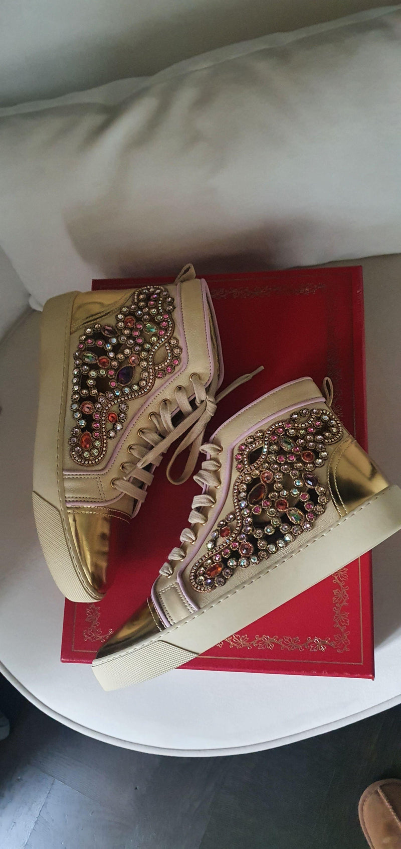 Metallic gold leather & crystal cut-out trainers