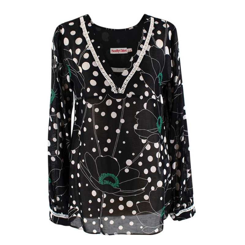 See By Chloe Black Polka Dot Linen blend Sheer Blouse