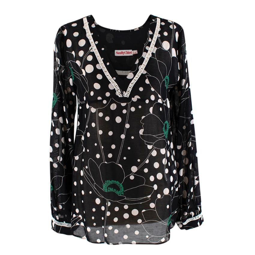 See By Chloe Black Polka Dot Linen blend Sheer Blouse