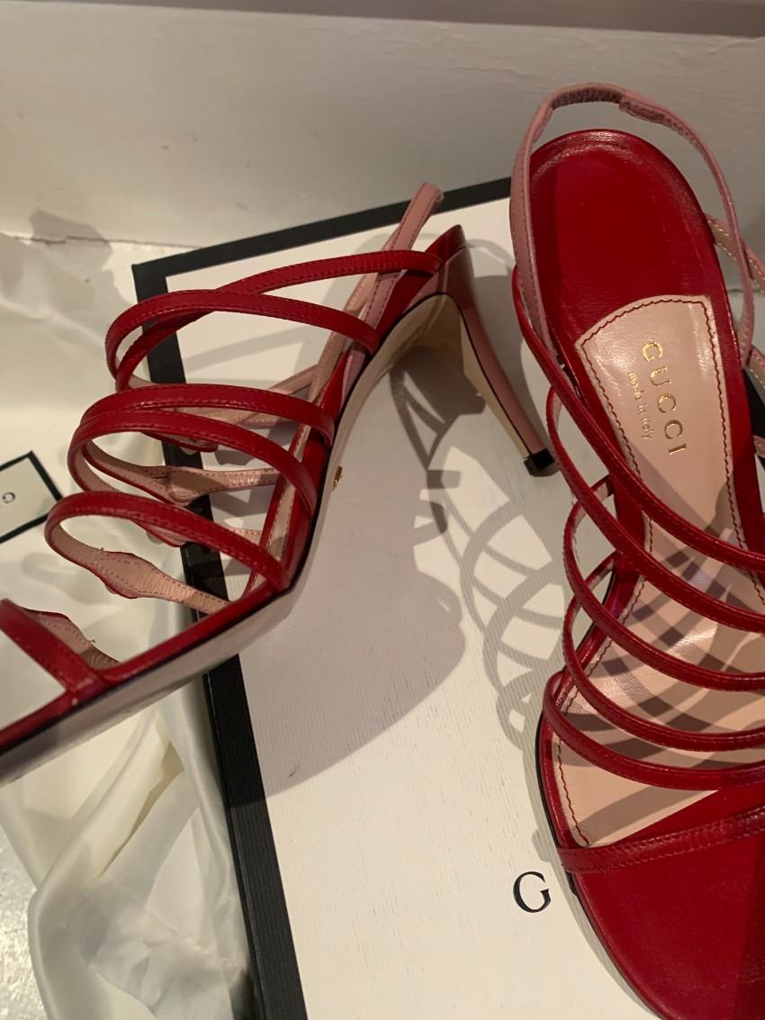 Gucci Red & Pink Patent Leather Strappy Sandals