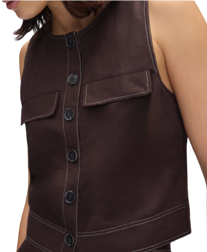 Aligne Summer Linen Mix Button Top in Chocolate