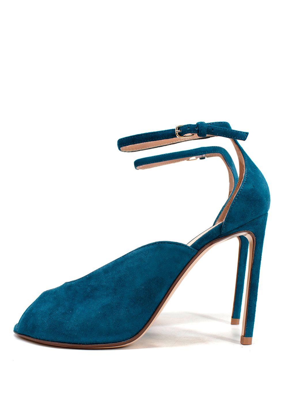 Blue Suede V-Cut Ankle Strap Sandals
