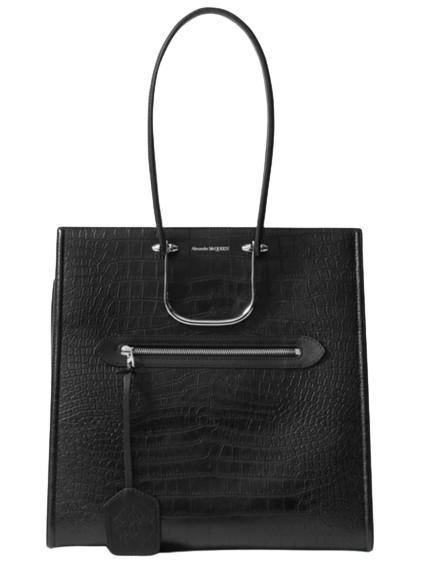 Alexander McQueen Black Tall Story Croc Embossed Leather Bag
