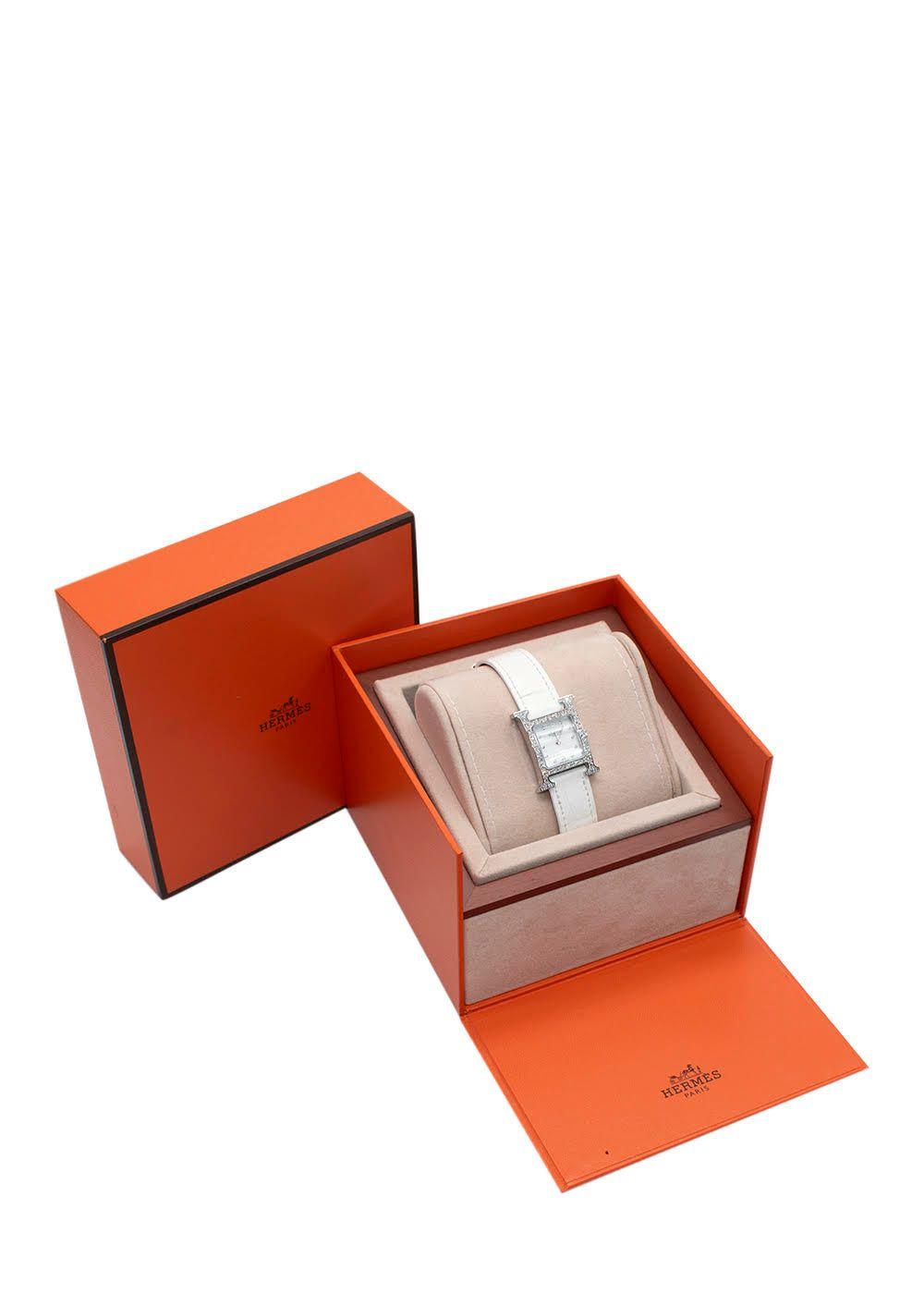 Hermès White Heure H Watch in Matte Chantilly Alligator with Diamonds