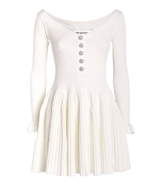 Self-Portrait Off-The-Shoulder Pleated Ribbed-Knit Mini Dress