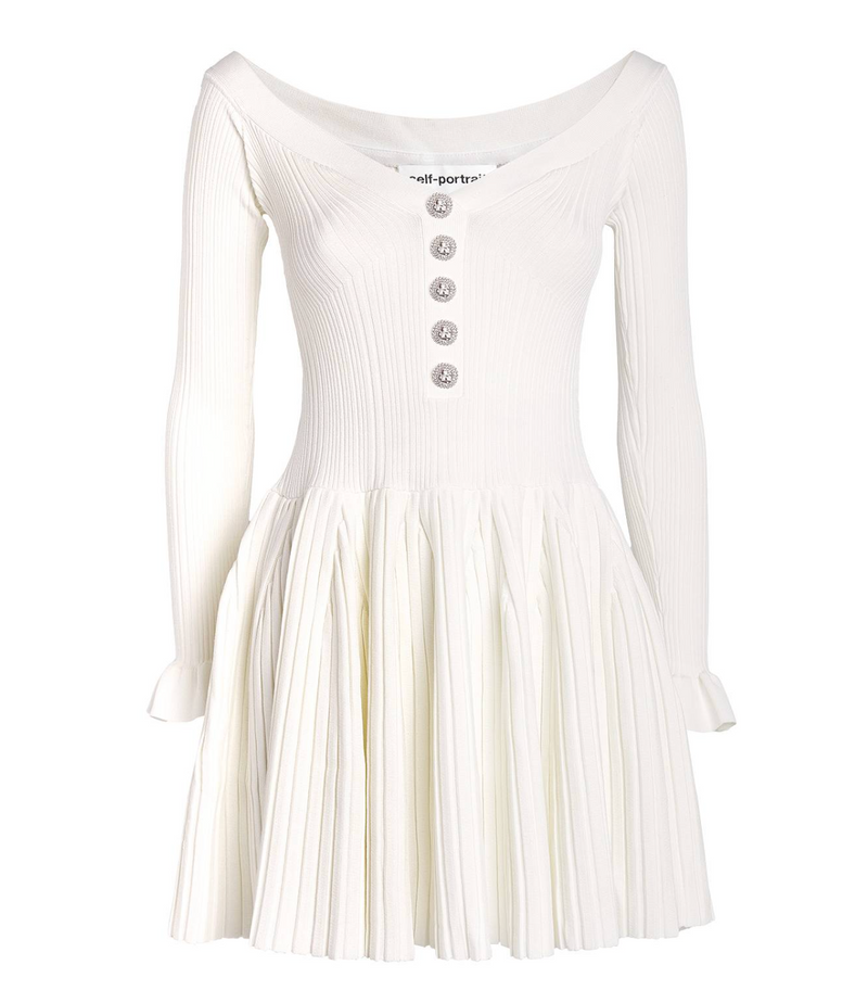 Self-Portrait Off-The-Shoulder Pleated Ribbed-Knit Mini Dress