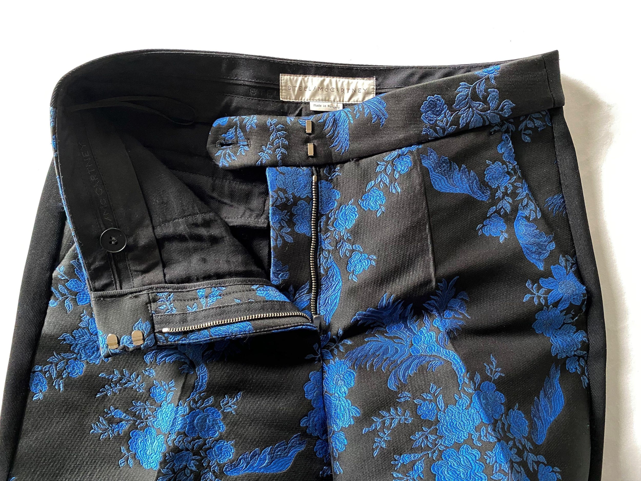 blue & black floral brocade trousers
