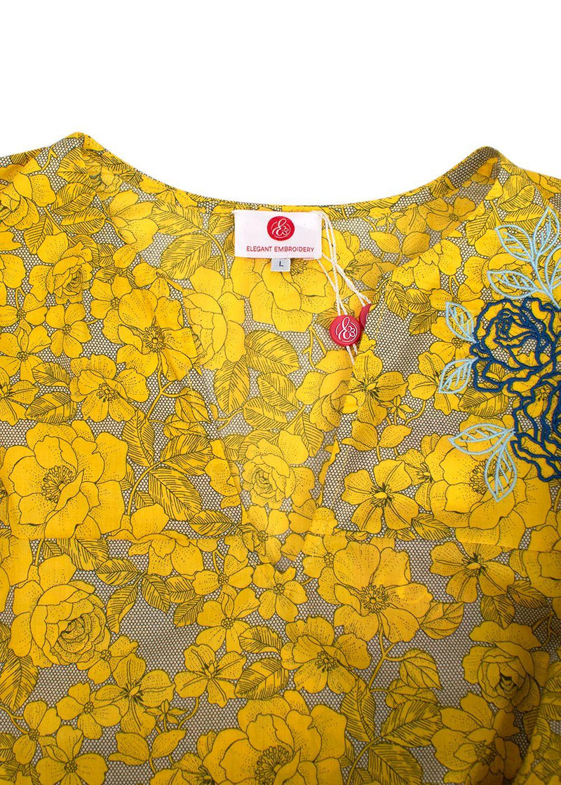 Elegant Embroidery Yellow Floral Belted Kaftan