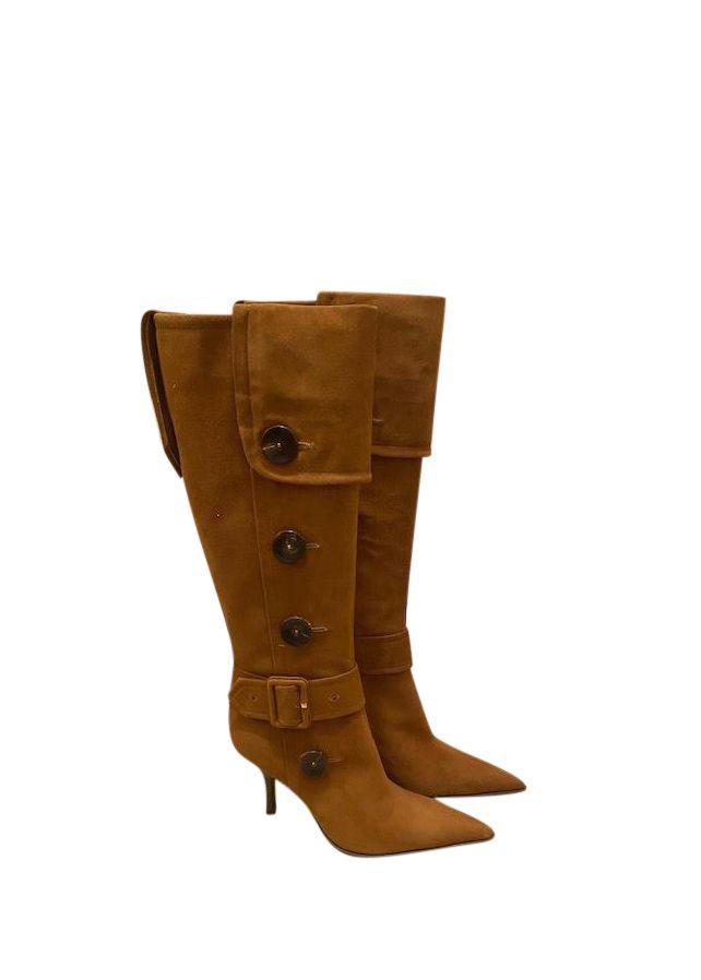 Brown Suede Buckled Button Down Knee Boots