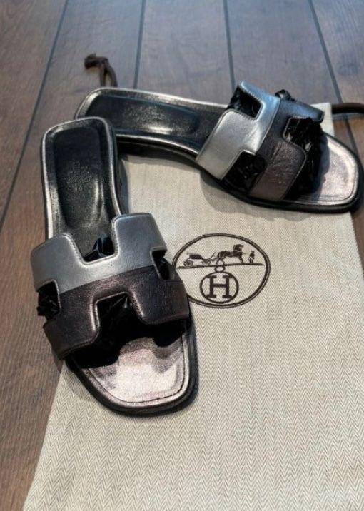 Hermes Black Leather Oran Sandals