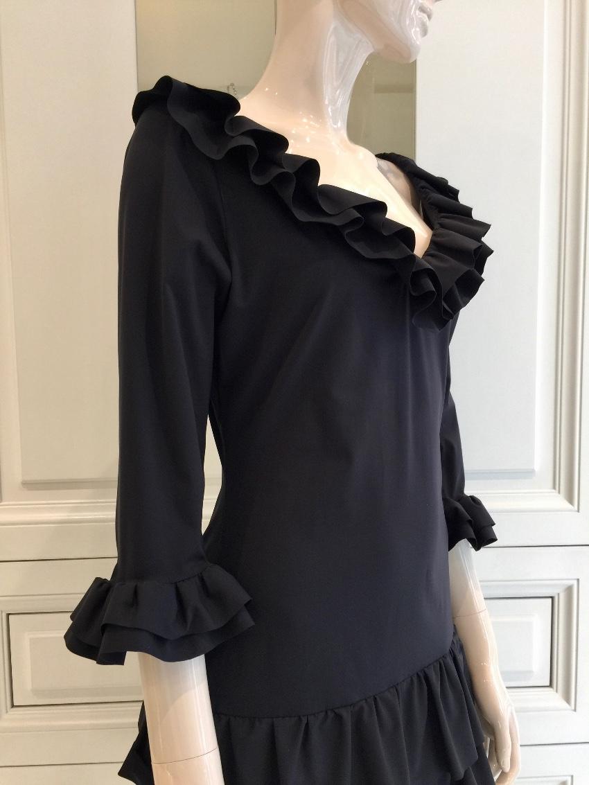 Bespoke French Couture Black Lycra Frill Dress