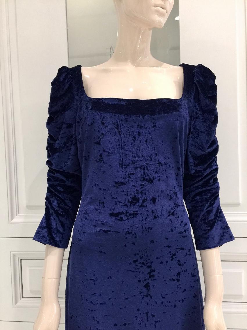 French Couture Navy Blue Panne Velvet Square Neck Dress