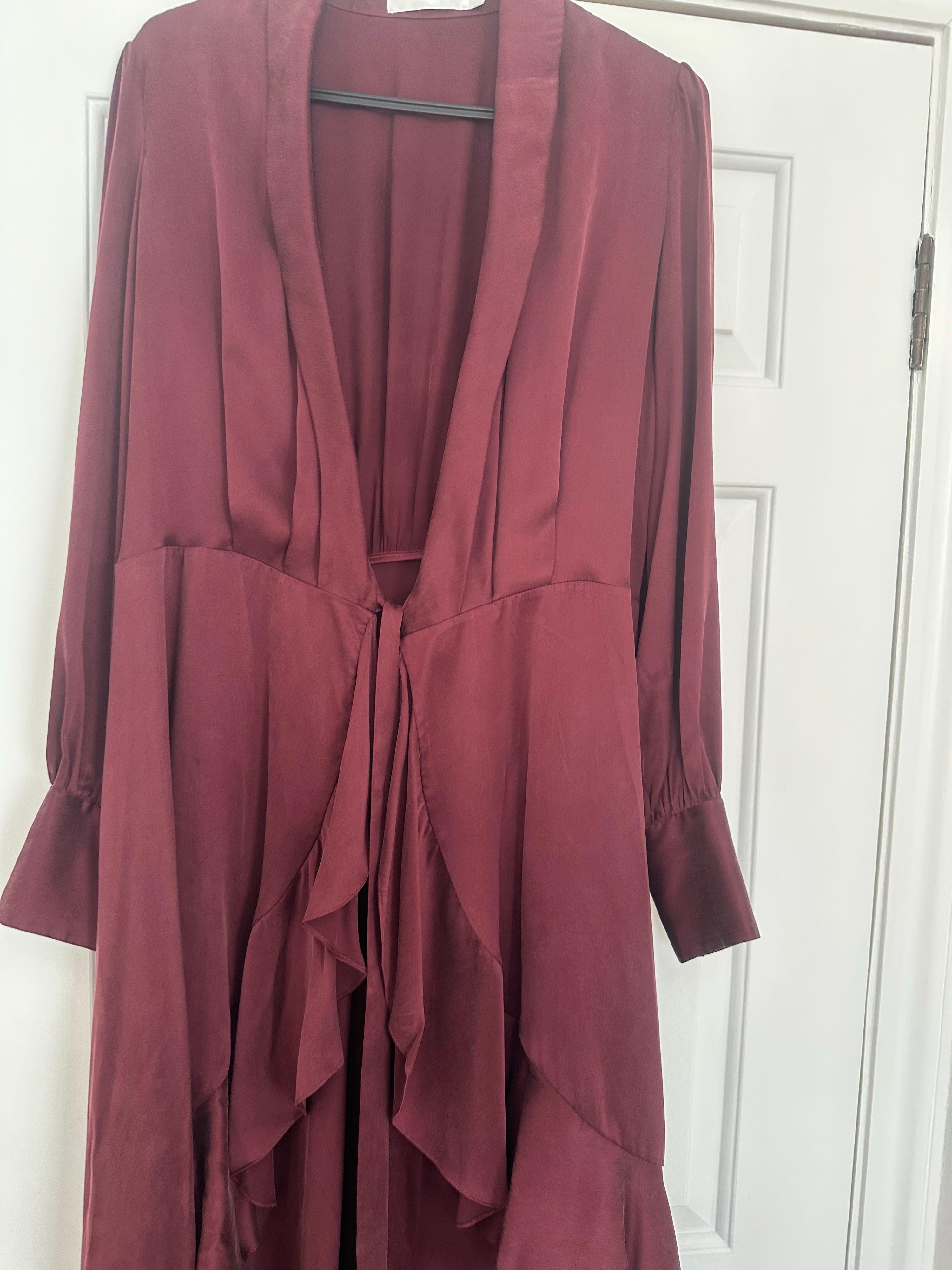 Burgundy Silk Satin Wrap Midi Dress