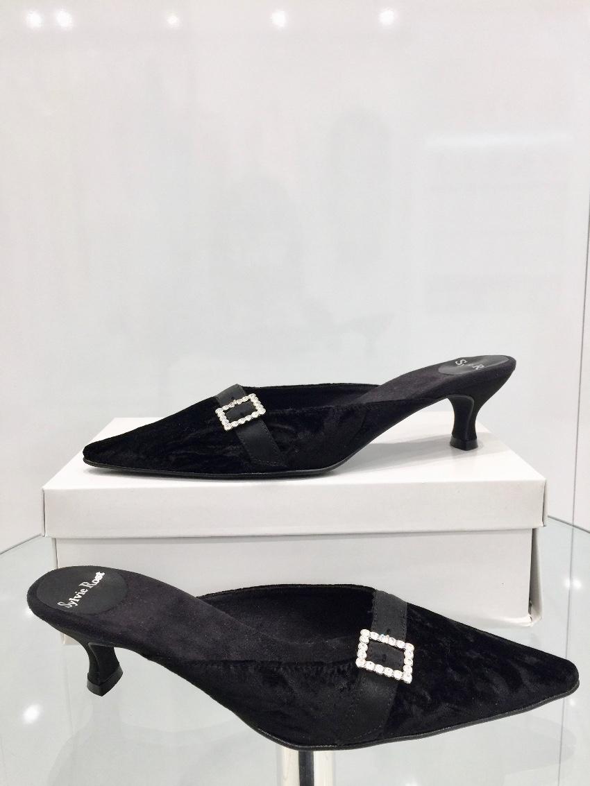 Sylvie Rost Black Crushed Velour Evening Slippers