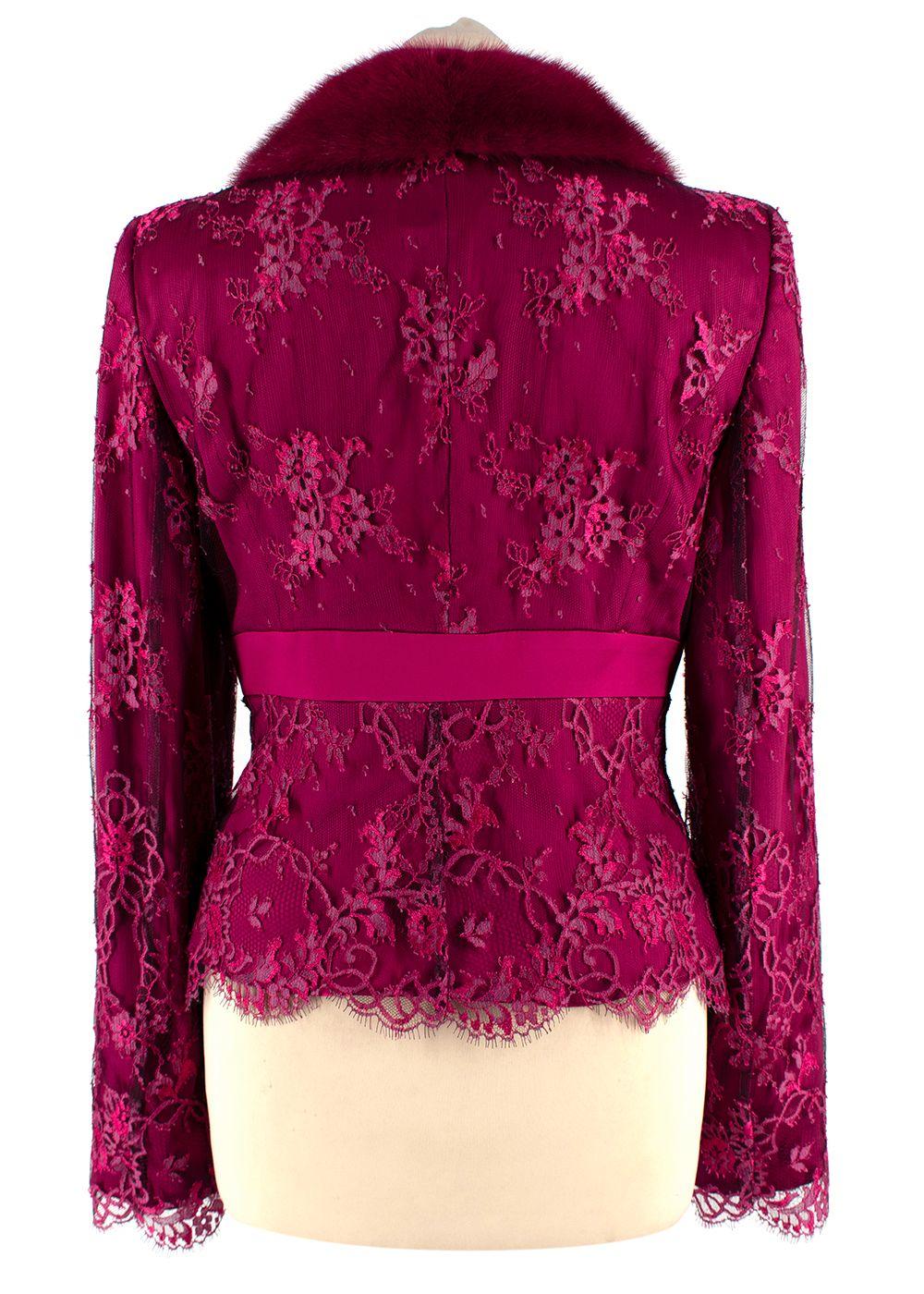 Escada Cherry Lace Mink Fur Trimmed Silk Lace Top and Skirt