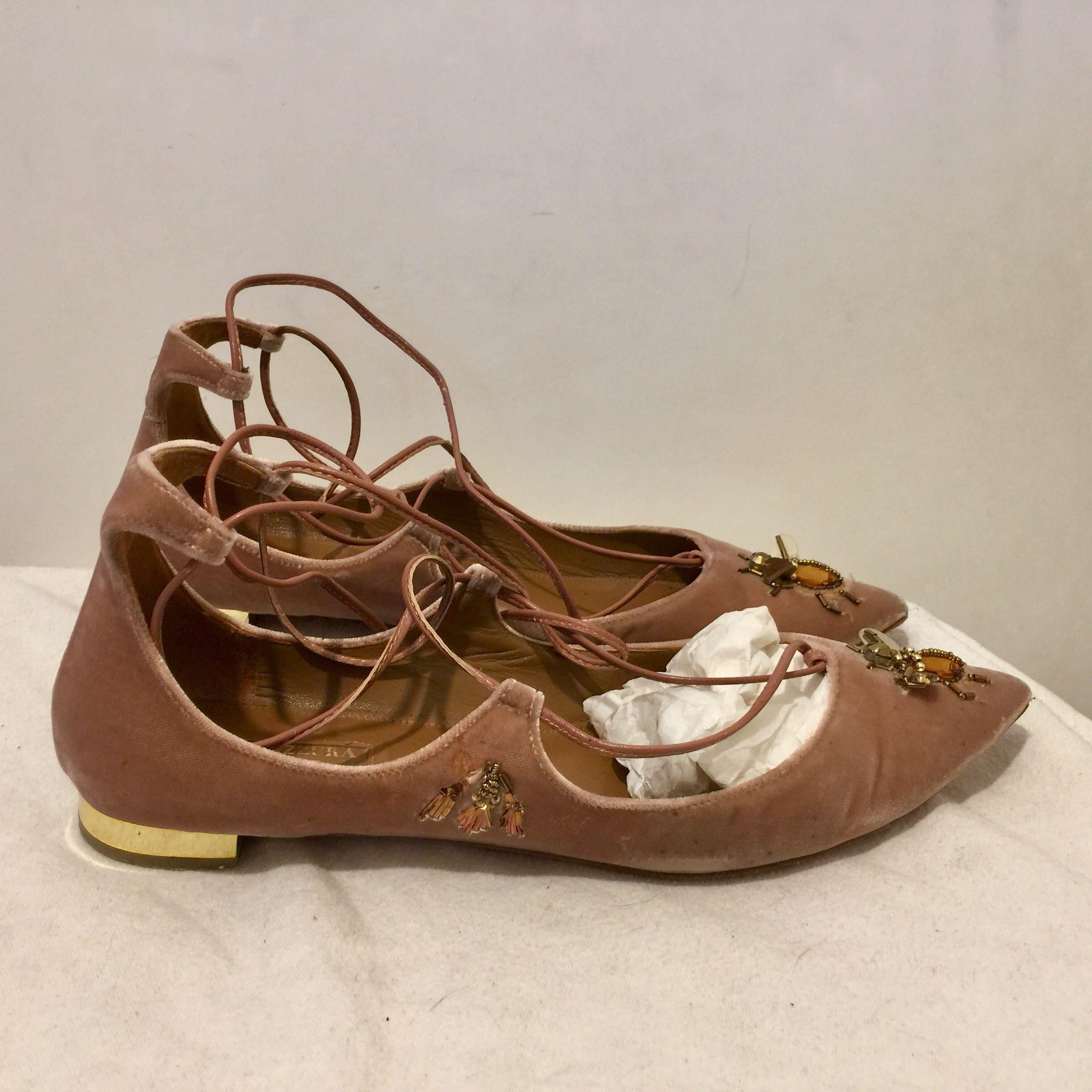 Pink Velvet Embellished Cristy Fauna Flat Pumps