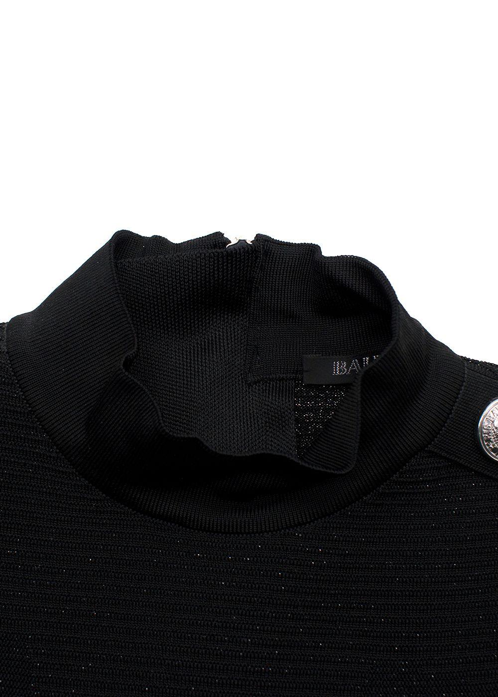 Balmain Black Metallic Ribbed Midi Dress with Silver Button Detail