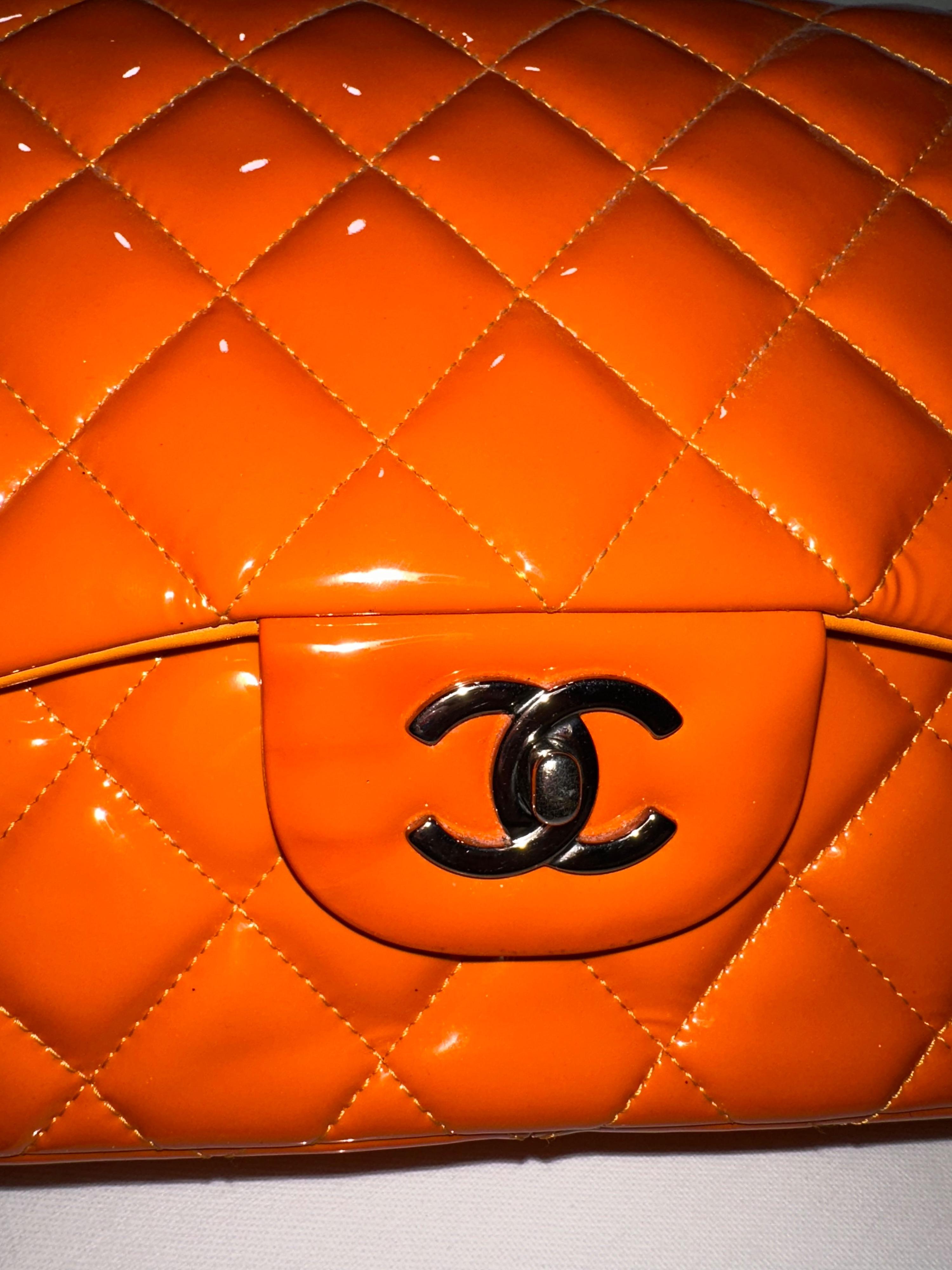 Chanel Orange Patent Classic Flap