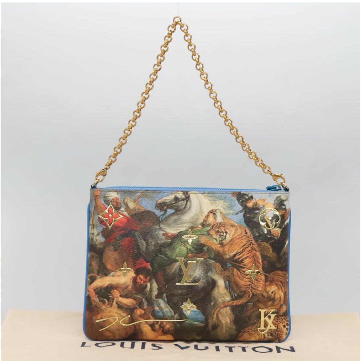Limited Edition Louis Vuitton x Jeff Koons Masters Collection Pochette – “Tiger Hunt” Print with Gold Chain Strap