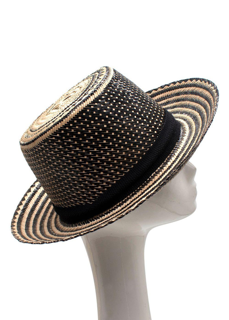 Yosuzi Striped Pom Pom Straw Fedora Hat