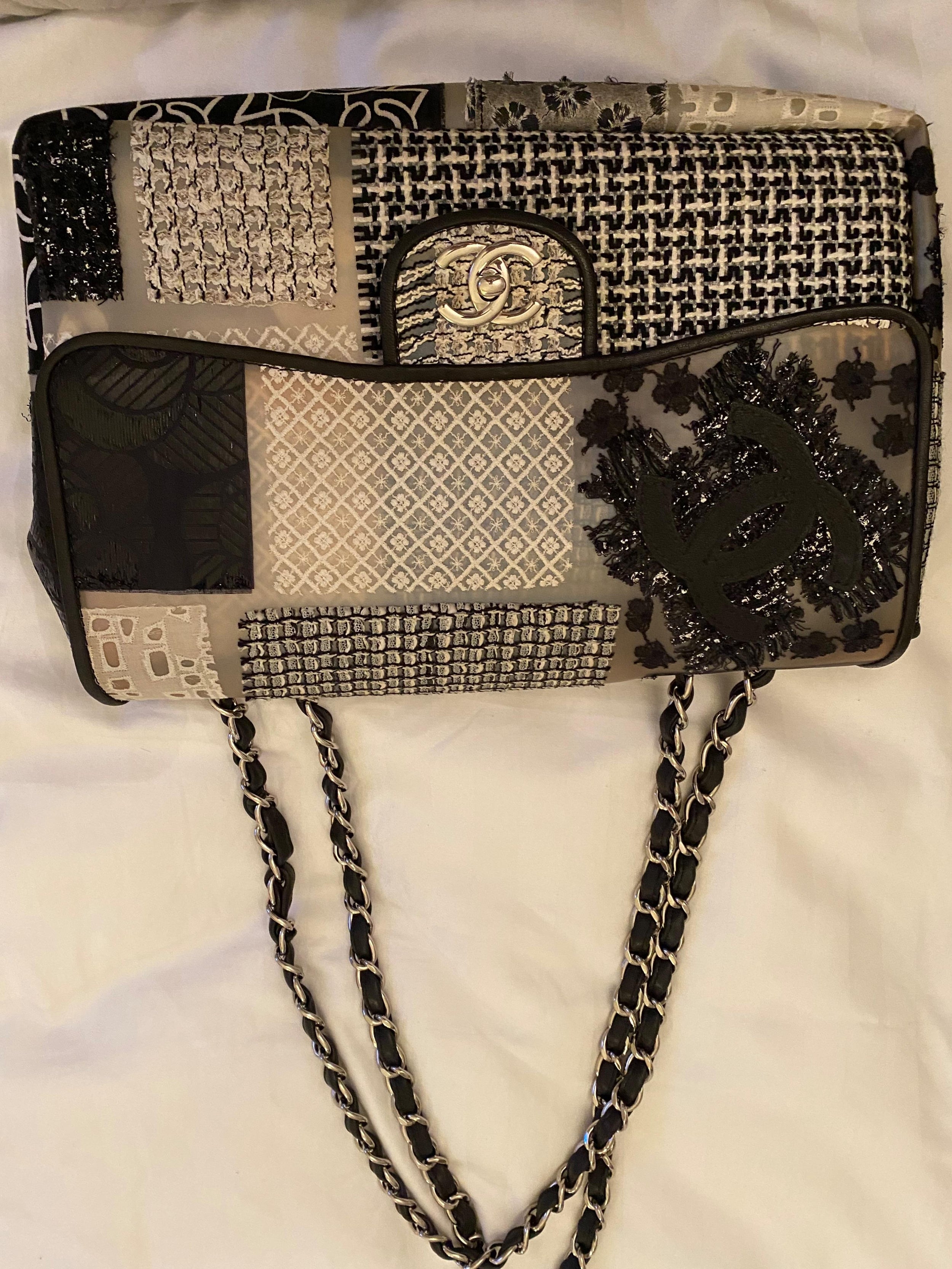 CC PVC Patchwork Embroidered Flap Bag