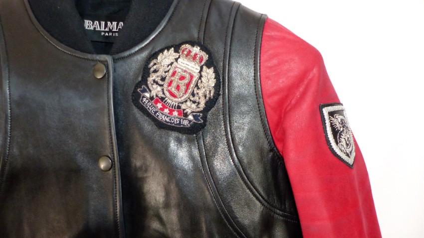 Balmain Black & Red Patch Applique Leather Jacket