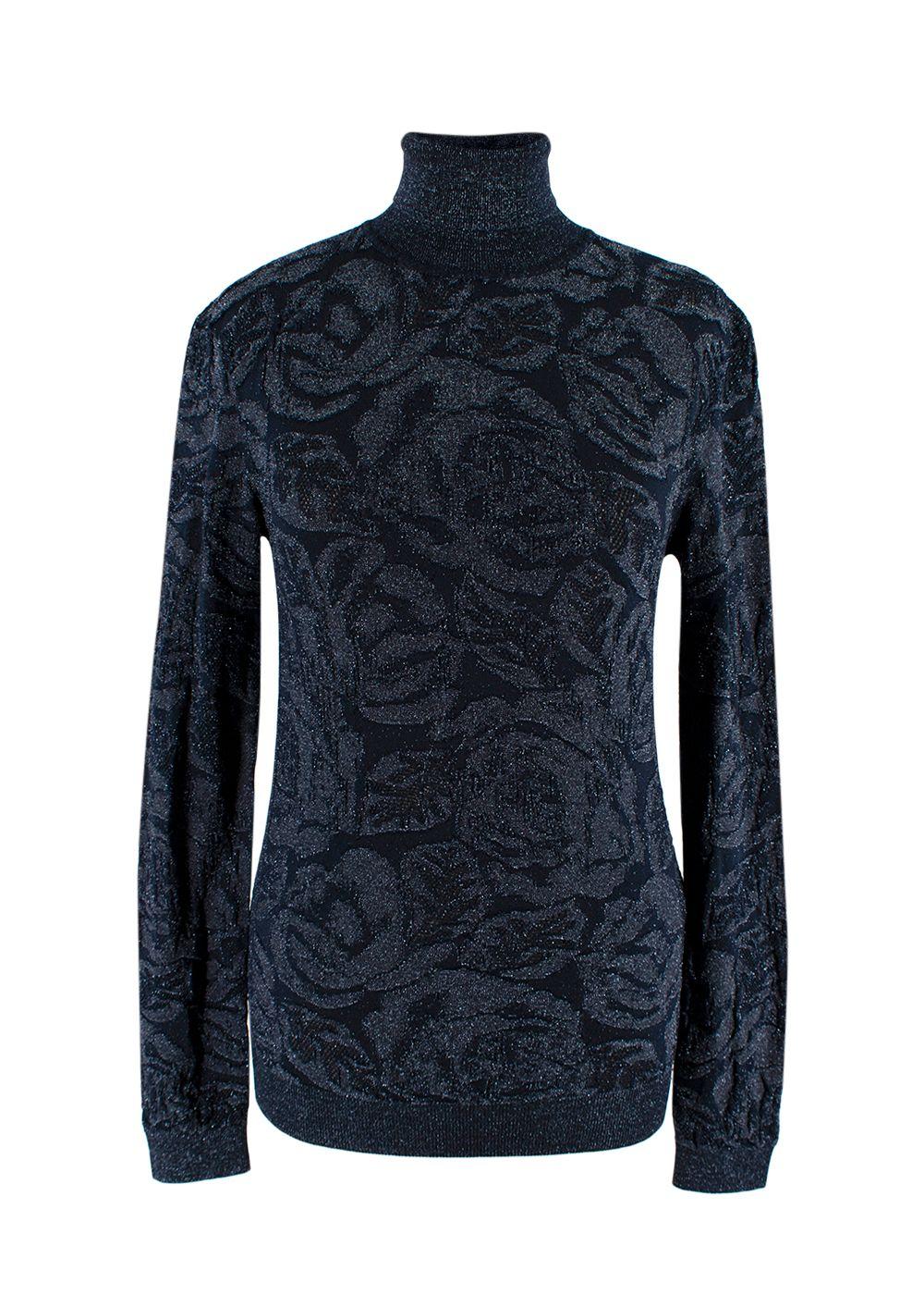 Chloe Navy Metallic Jacquard Knit Turtleneck Sweater