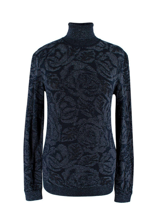 Chloe Navy Metallic Jacquard Knit Turtleneck Sweater