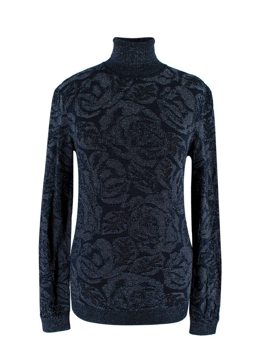 Chloe Navy Metallic Jacquard Knit Turtleneck Sweater