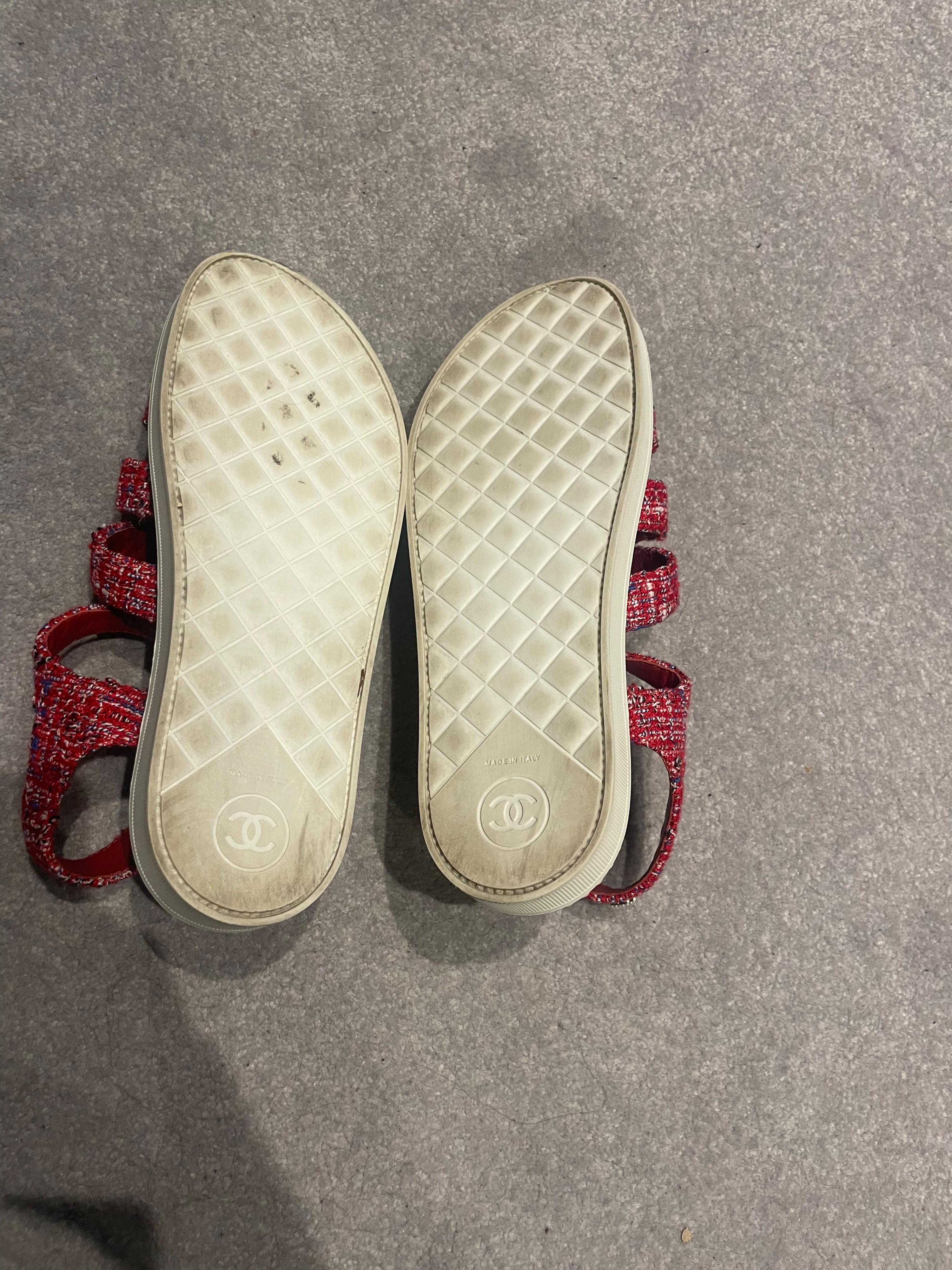 Chanel Red Tweed and Pearl Dad Sandals