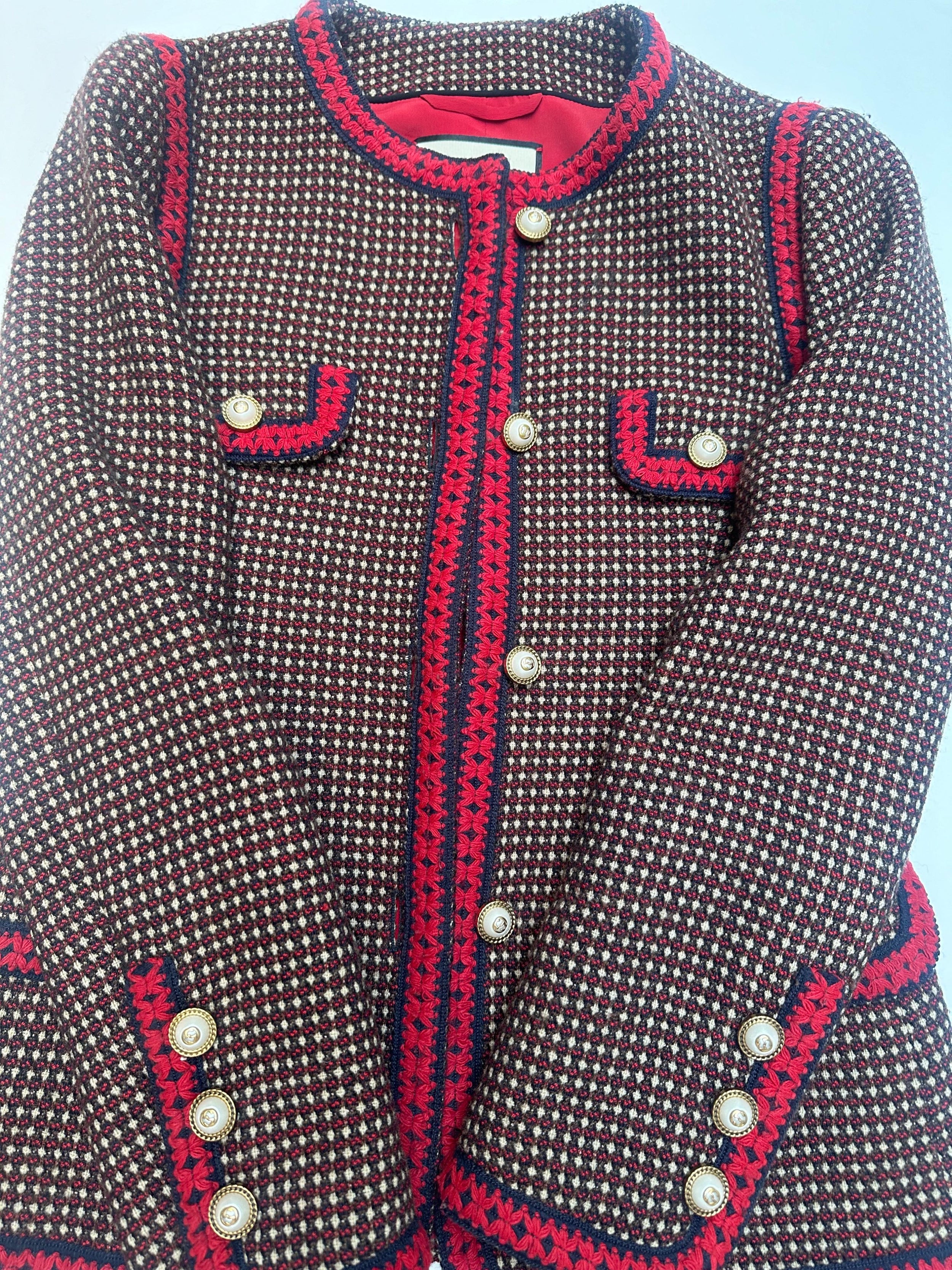 Gucci Red Tiger Embroidered Jacket with Faux Pearl Button Detail